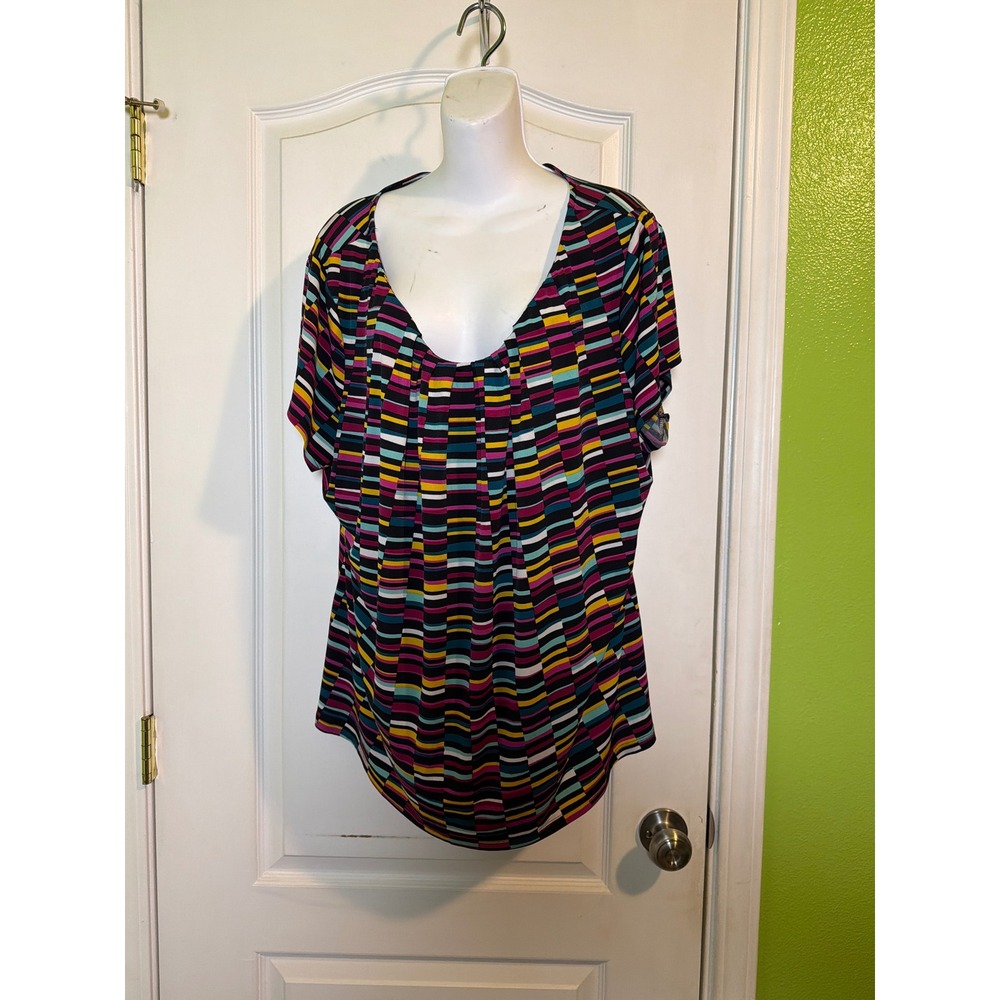 Worthington Woman 3X Short Sleeve Pleated Scoop Neck Geometric Stripe Blouse